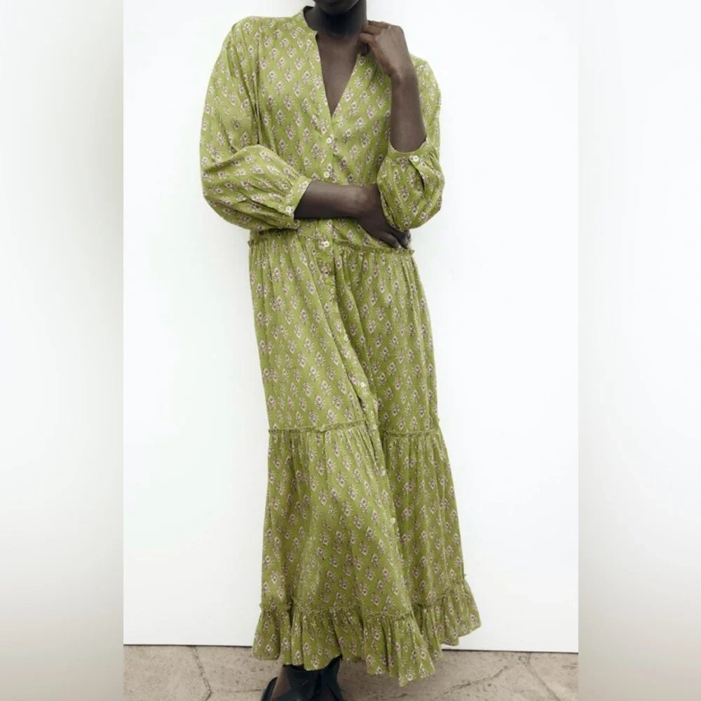 ZARA Dress Long Kaftan Panelled Printed Oversize Midi S Green Ecru Summer - Picture 3 of 3